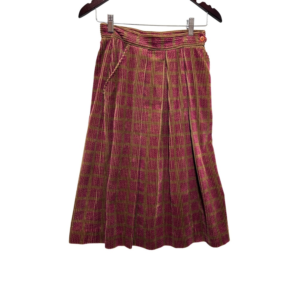 VTG Regatta Sport‎ Women Corduroy Skirt 8 Brown Pink Check Vintage 90s Academia